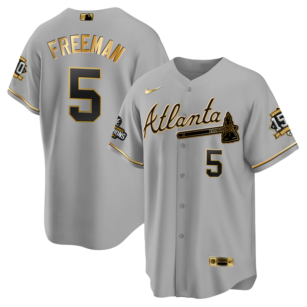 Men's Atlanta Braves #5 Freddie Freeman 2021 Grey/Gold World Series Champions With 150th Anniversary Patch Cool Base Stitched Jersey Men's Atlanta Braves #5 Freddie Freeman 2021 Grey/Gold World Series Champions With 150th Anniversary Patch Cool Base Stitched Jersey